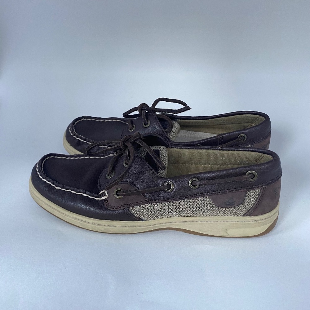 Sperry Top-Sider Boat Shoes in Brown Leather with Fabric - women's Size 6.5M